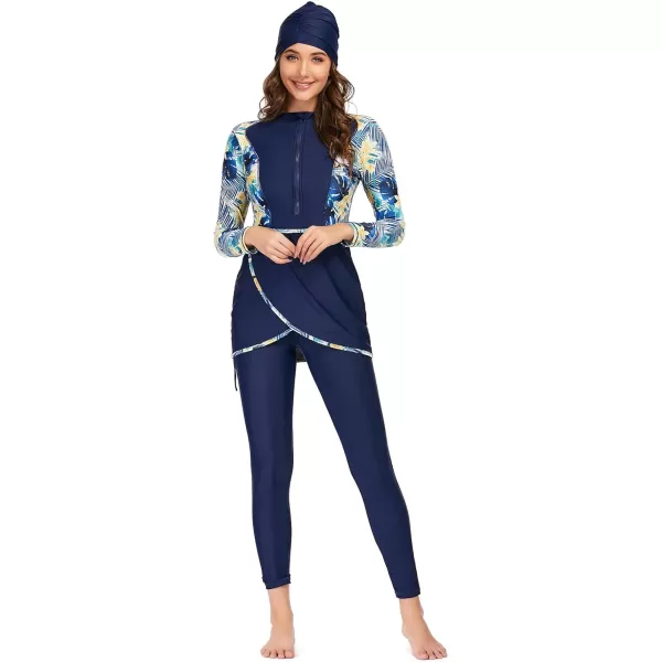 Burkini Swimsuits for Women Modest Muslim Swimsuit Islamic Long Sleeve Burkini Full Cover Hijab Top Pants Bathing SuitRoyal Blue Floral