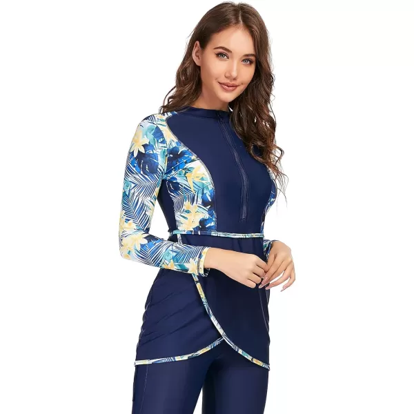 Burkini Swimsuits for Women Modest Muslim Swimsuit Islamic Long Sleeve Burkini Full Cover Hijab Top Pants Bathing SuitRoyal Blue Floral