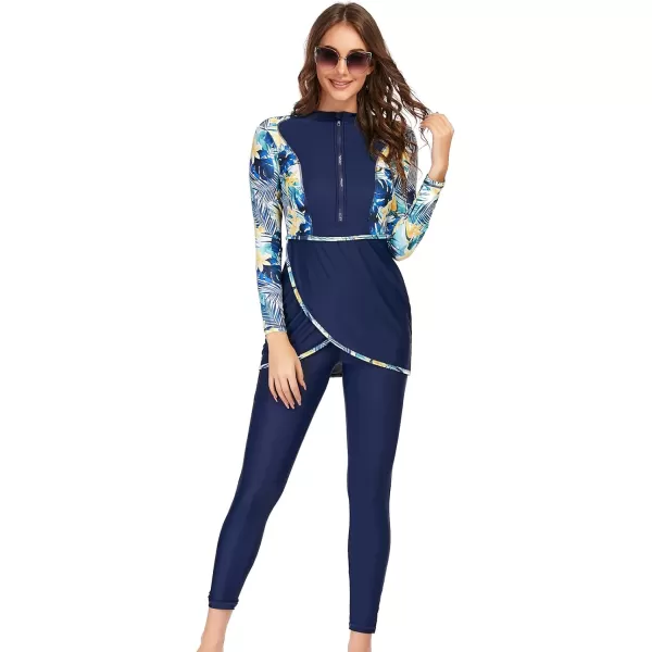 Burkini Swimsuits for Women Modest Muslim Swimsuit Islamic Long Sleeve Burkini Full Cover Hijab Top Pants Bathing SuitRoyal Blue Floral