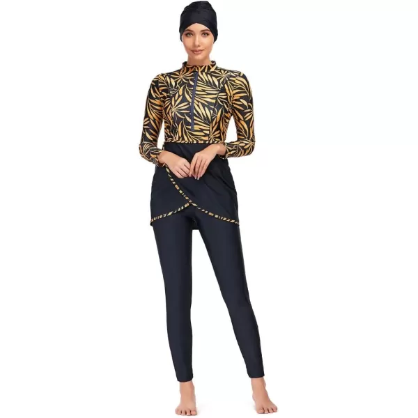 Burkini Swimsuits for Women Modest Muslim Swimsuit Islamic Long Sleeve Burkini Full Cover Hijab Top Pants Bathing SuitYellow  Leaves