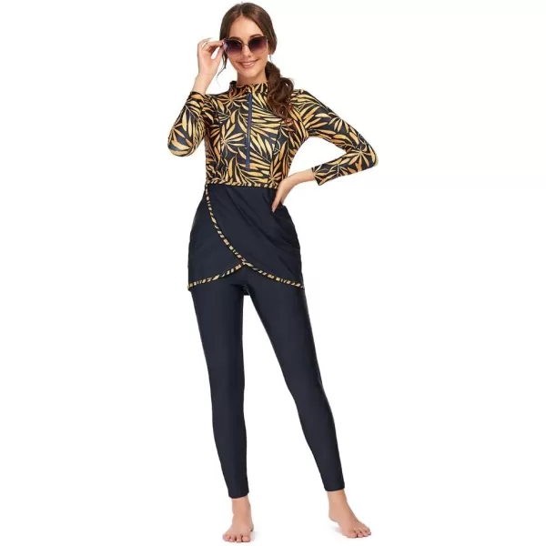 Burkini Swimsuits for Women Modest Muslim Swimsuit Islamic Long Sleeve Burkini Full Cover Hijab Top Pants Bathing SuitYellow  Leaves