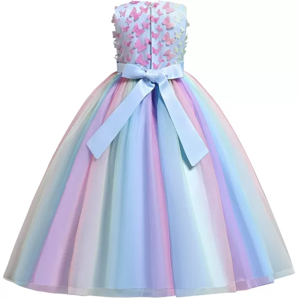 Butterfly Flower Girl Dress for Kids Wedding Bridesmaid Pageant Formal Party Maxi Gown Princess Communion Tulle DressesRainbow Blue