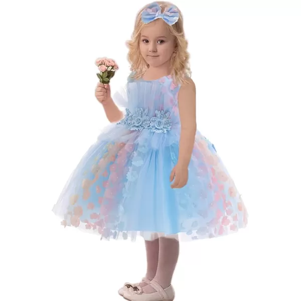 Butterfly Petal Flower Girl Tutu Dress for Kids Baby Wedding Pageant Ball Gowns First Communion Birthday Tulle DressesBlue  Headband