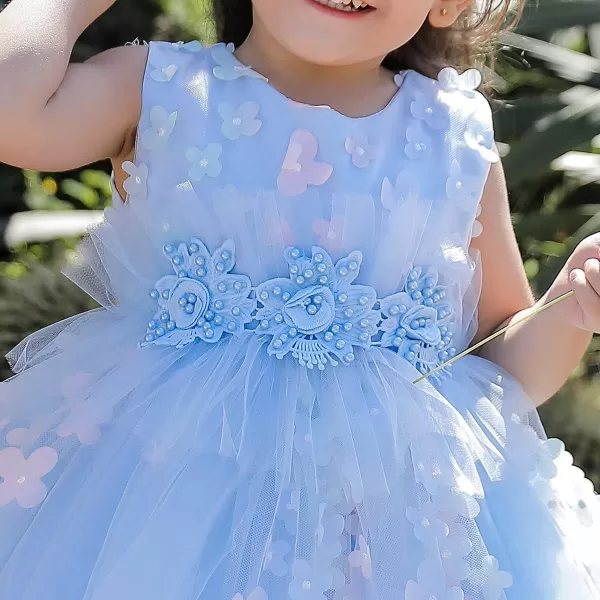 Butterfly Petal Flower Girl Tutu Dress for Kids Baby Wedding Pageant Ball Gowns First Communion Birthday Tulle DressesBlue