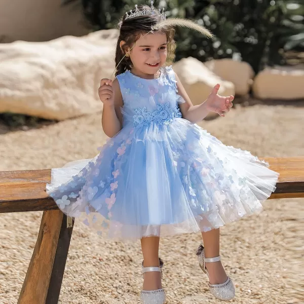 Butterfly Petal Flower Girl Tutu Dress for Kids Baby Wedding Pageant Ball Gowns First Communion Birthday Tulle DressesBlue