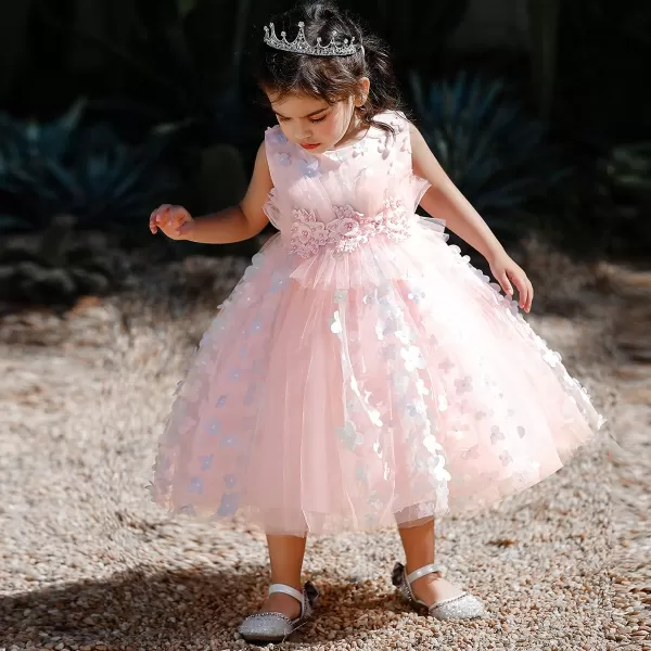 Butterfly Petal Flower Girl Tutu Dress for Kids Baby Wedding Pageant Ball Gowns First Communion Birthday Tulle DressesPink