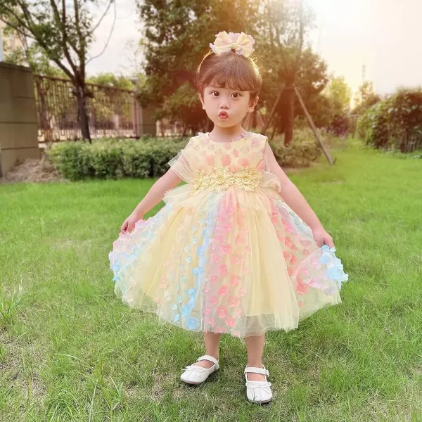 Butterfly Petal Flower Girl Tutu Dress for Kids Baby Wedding Pageant Ball Gowns First Communion Birthday Tulle DressesYellow  Headband