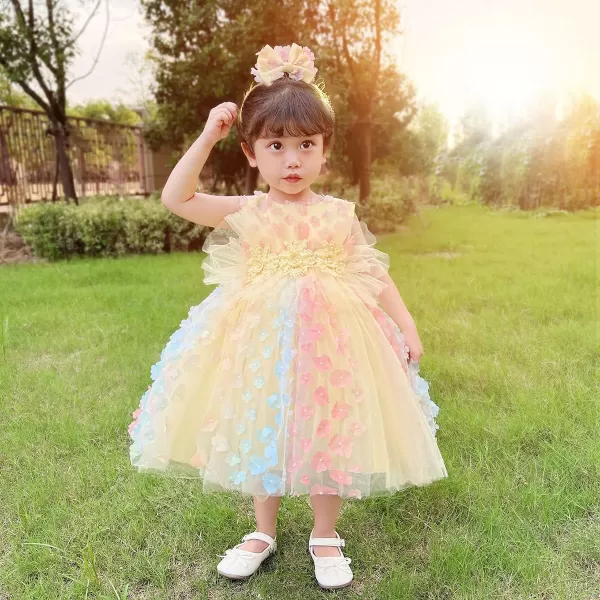 Butterfly Petal Flower Girl Tutu Dress for Kids Baby Wedding Pageant Ball Gowns First Communion Birthday Tulle DressesYellow  Headband