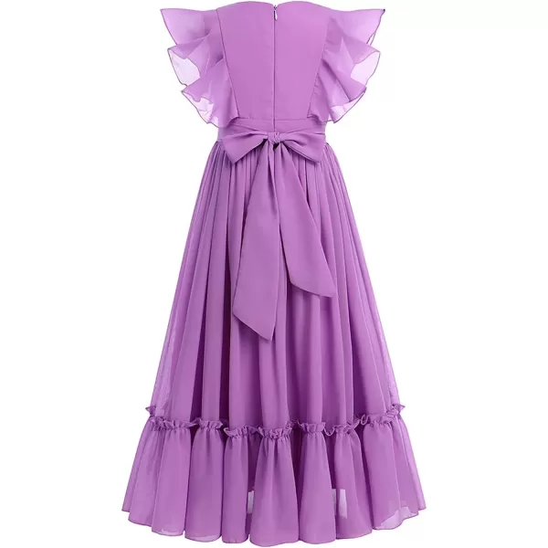 Chiffon Flower Girl Dresses Flutter Sleeves Junior Bridesmaid Dress for Kids Wedding Pageant Party Princess Maxi GownsPurple