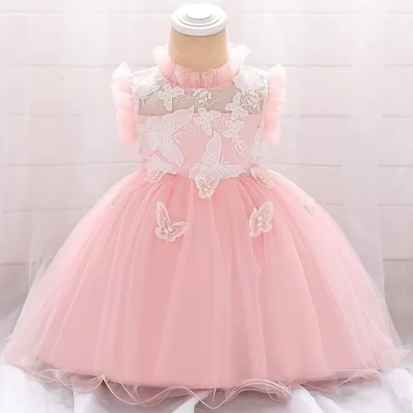 Flower Girl Butterfly Ruffle Tutu Dress for Infant Baby Christening Baptism Formal Wedding Birthday Party Tulle DressesPink