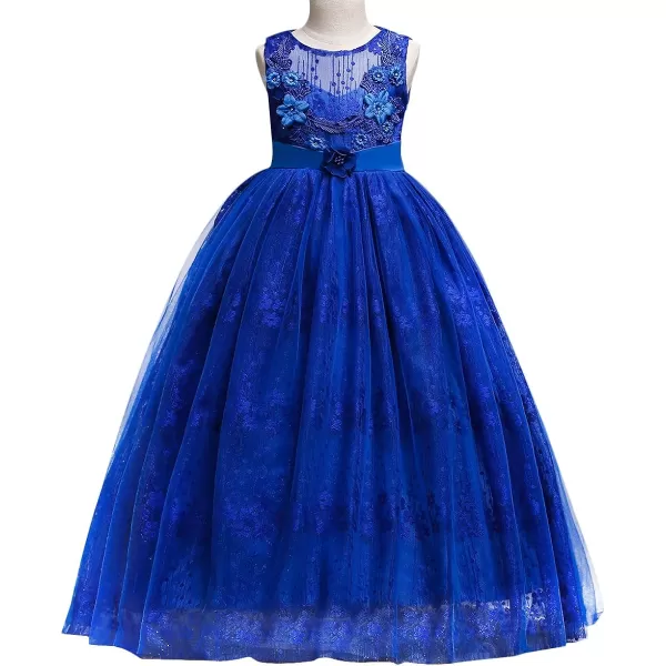 Flower Girl Embroidery Beaded Lace Princess Pageant Long Dress Maxi Tulle Gown Kids Prom Wedding Bridesmaid DressesBlue