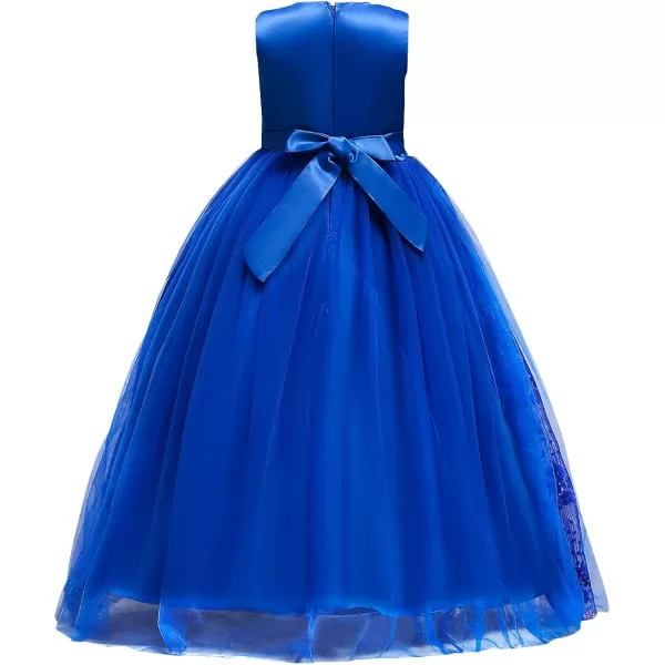 Flower Girl Embroidery Beaded Lace Princess Pageant Long Dress Maxi Tulle Gown Kids Prom Wedding Bridesmaid DressesBlue