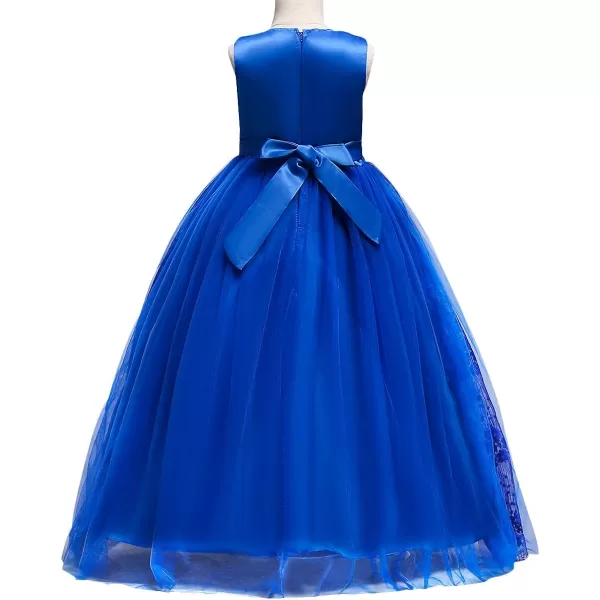 Flower Girl Embroidery Beaded Lace Princess Pageant Long Dress Maxi Tulle Gown Kids Prom Wedding Bridesmaid DressesBlue