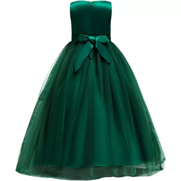 Flower Girl Embroidery Beaded Lace Princess Pageant Long Dress Maxi Tulle Gown Kids Prom Wedding Bridesmaid DressesGreen