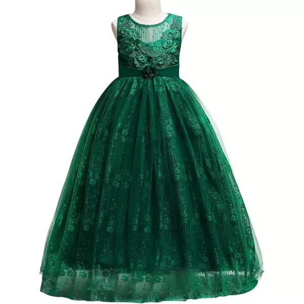 Flower Girl Embroidery Beaded Lace Princess Pageant Long Dress Maxi Tulle Gown Kids Prom Wedding Bridesmaid DressesGreen