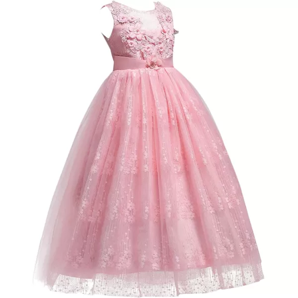 Flower Girl Embroidery Beaded Lace Princess Pageant Long Dress Maxi Tulle Gown Kids Prom Wedding Bridesmaid DressesPink