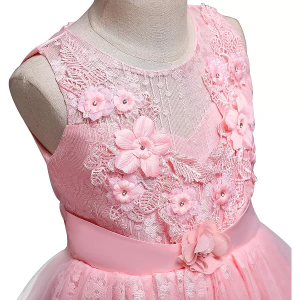 Flower Girl Embroidery Beaded Lace Princess Pageant Long Dress Maxi Tulle Gown Kids Prom Wedding Bridesmaid DressesPink