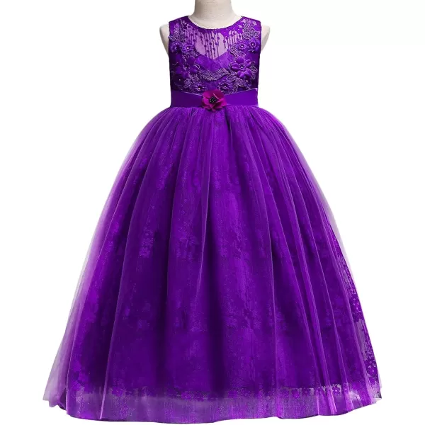 Flower Girl Embroidery Beaded Lace Princess Pageant Long Dress Maxi Tulle Gown Kids Prom Wedding Bridesmaid DressesPurple