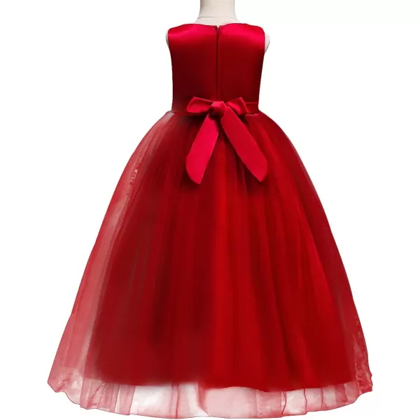 Flower Girl Embroidery Beaded Lace Princess Pageant Long Dress Maxi Tulle Gown Kids Prom Wedding Bridesmaid DressesRed