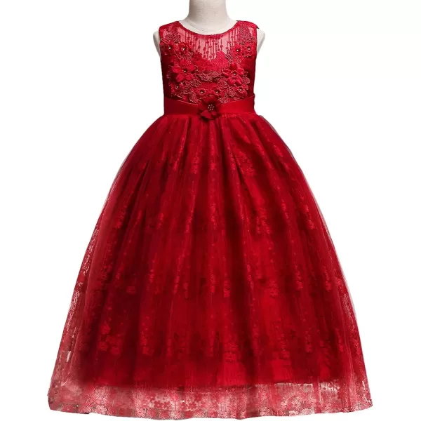 Flower Girl Embroidery Beaded Lace Princess Pageant Long Dress Maxi Tulle Gown Kids Prom Wedding Bridesmaid DressesRed