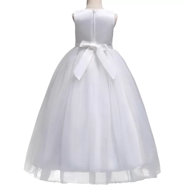 Flower Girl Embroidery Beaded Lace Princess Pageant Long Dress Maxi Tulle Gown Kids Prom Wedding Bridesmaid DressesWhite