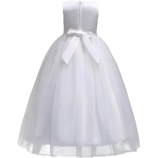 Flower Girl Embroidery Beaded Lace Princess Pageant Long Dress Maxi Tulle Gown Kids Prom Wedding Bridesmaid DressesWhite