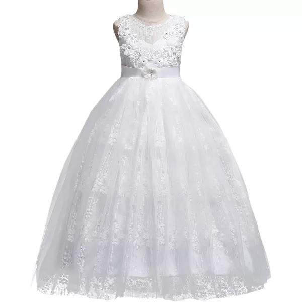 Flower Girl Embroidery Beaded Lace Princess Pageant Long Dress Maxi Tulle Gown Kids Prom Wedding Bridesmaid DressesWhite