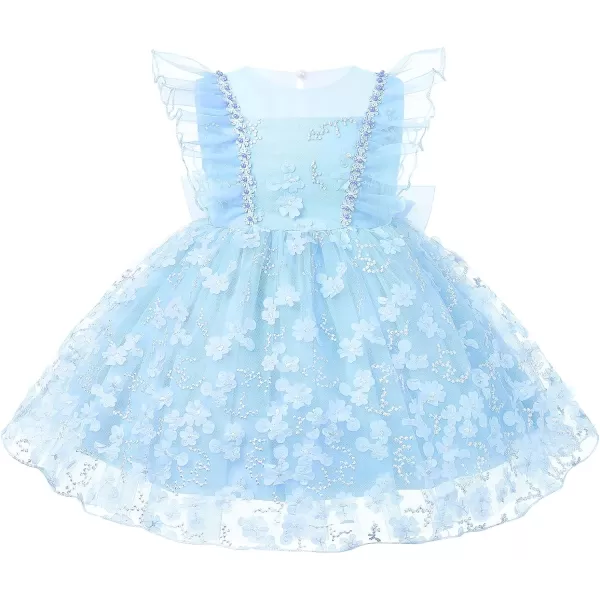 Flower Girl Flutter Bowknot Tutu Dress for Infant Baby Christening Baptism Formal Wedding Birthday Party Tulle DressesBlue