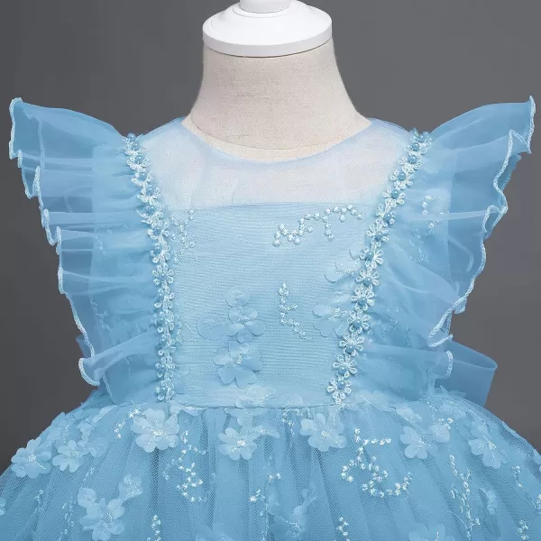 Flower Girl Flutter Bowknot Tutu Dress for Infant Baby Christening Baptism Formal Wedding Birthday Party Tulle DressesBlue