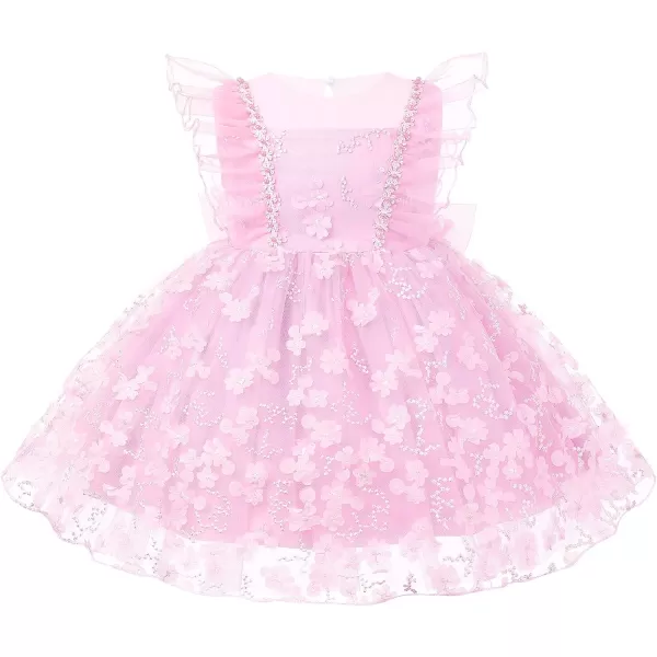 Flower Girl Flutter Bowknot Tutu Dress for Infant Baby Christening Baptism Formal Wedding Birthday Party Tulle DressesPink