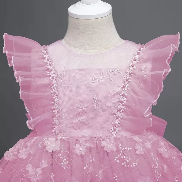 Flower Girl Flutter Bowknot Tutu Dress for Infant Baby Christening Baptism Formal Wedding Birthday Party Tulle DressesPink