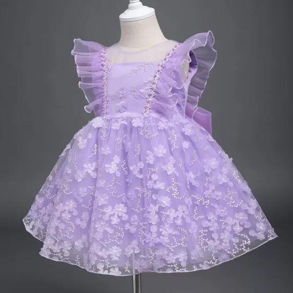 Flower Girl Flutter Bowknot Tutu Dress for Infant Baby Christening Baptism Formal Wedding Birthday Party Tulle DressesPurple