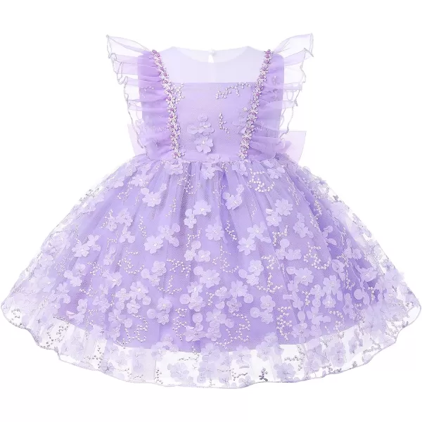 Flower Girl Flutter Bowknot Tutu Dress for Infant Baby Christening Baptism Formal Wedding Birthday Party Tulle DressesPurple