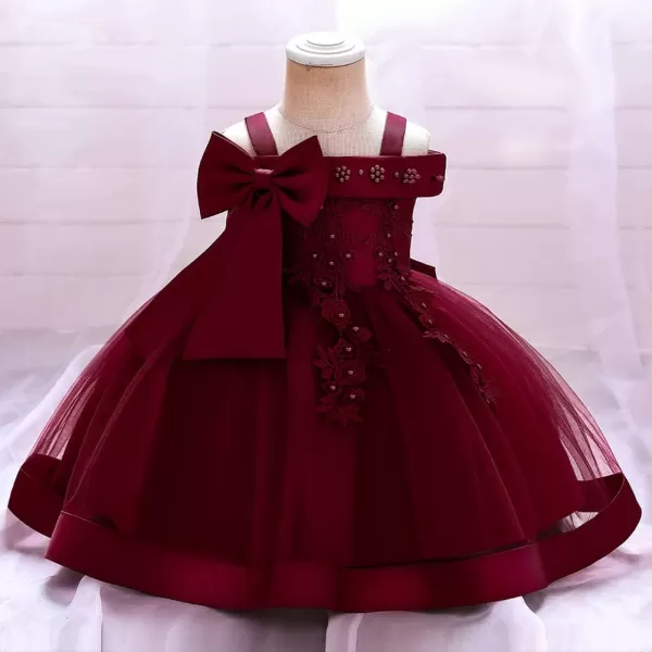 Flower Girl Lace Bowknot Tutu Dress for Kids Baby Princess Wedding Bridesmaid Birthday Party Pageant Baptism DressesDark Red  Lace