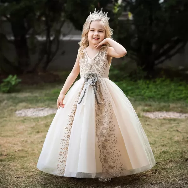 Flower Girl Lace Dress for Kids Wedding Bridesmaid Pageant Party Formal Gown Princess Communion Tulle VBack DressesChampagne