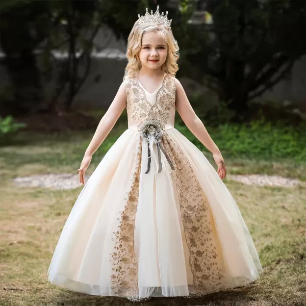 Flower Girl Lace Dress for Kids Wedding Bridesmaid Pageant Party Formal Gown Princess Communion Tulle VBack DressesChampagne