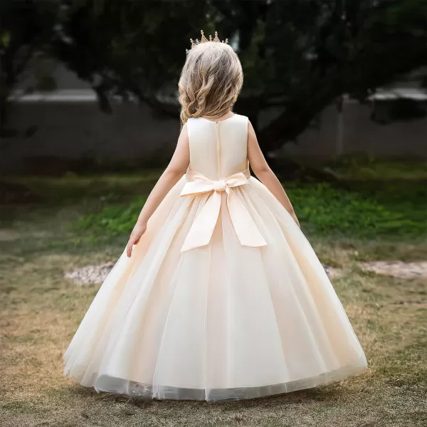 Flower Girl Lace Dress for Kids Wedding Bridesmaid Pageant Party Formal Gown Princess Communion Tulle VBack DressesChampagne