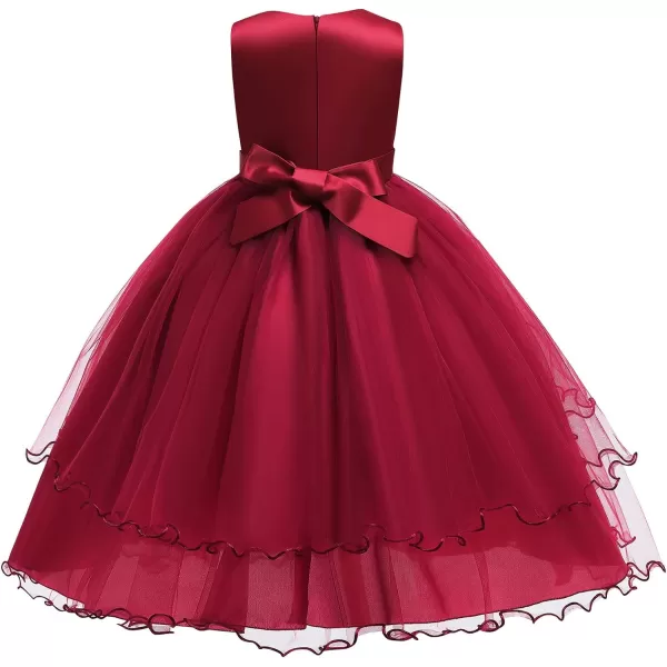 Flower Girl Lace Dress for Kids Wedding Bridesmaid Pageant Party Formal Gown Princess Communion Tulle VBack DressesDark Red  Flower