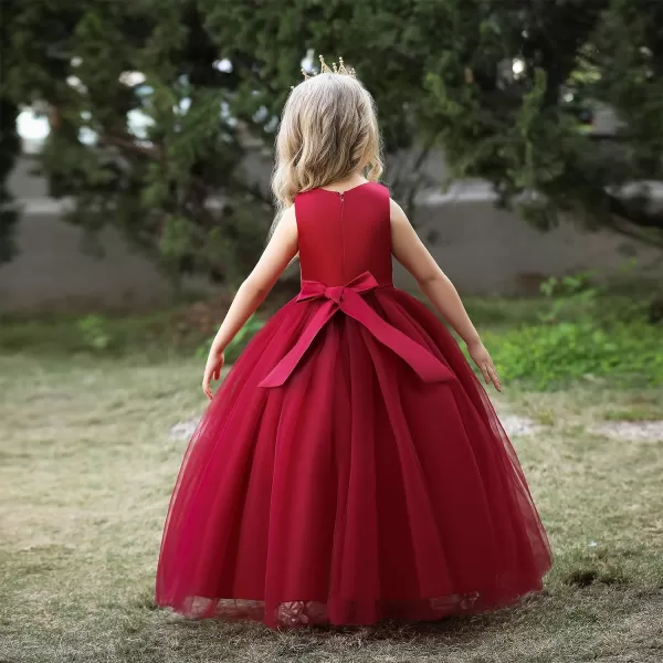 Flower Girl Lace Dress for Kids Wedding Bridesmaid Pageant Party Formal Gown Princess Communion Tulle VBack DressesDark Red