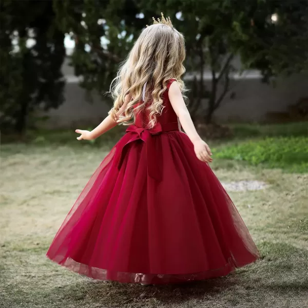 Flower Girl Lace Dress for Kids Wedding Bridesmaid Pageant Party Formal Gown Princess Communion Tulle VBack DressesDark Red