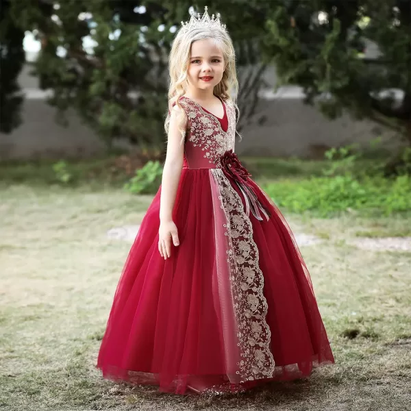 Flower Girl Lace Dress for Kids Wedding Bridesmaid Pageant Party Formal Gown Princess Communion Tulle VBack DressesDark Red