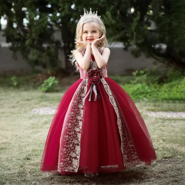 Flower Girl Lace Dress for Kids Wedding Bridesmaid Pageant Party Formal Gown Princess Communion Tulle VBack DressesDark Red