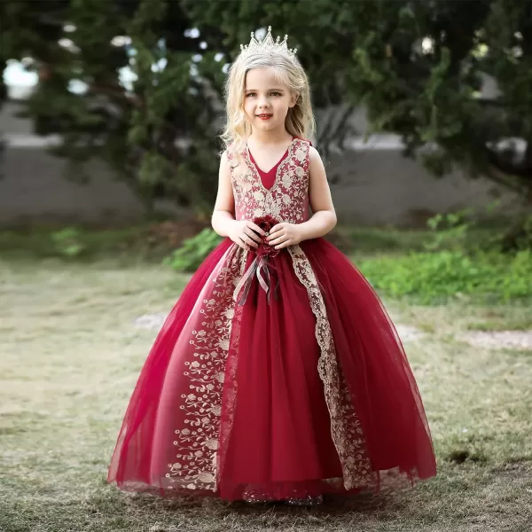 Flower Girl Lace Dress for Kids Wedding Bridesmaid Pageant Party Formal Gown Princess Communion Tulle VBack DressesDark Red