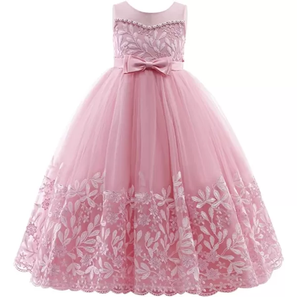 Flower Girl Lace Dress for Kids Wedding Bridesmaid Pageant Party Formal Gown Princess Communion Tulle VBack DressesDusty Pink  Vback