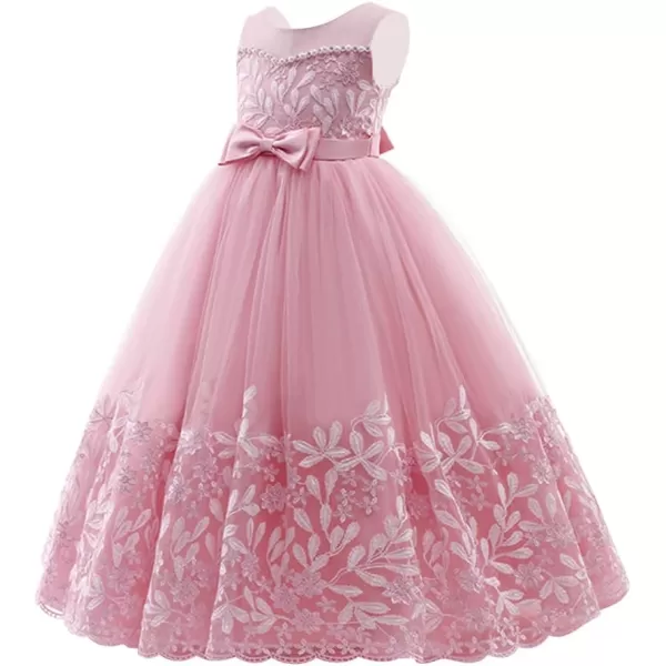 Flower Girl Lace Dress for Kids Wedding Bridesmaid Pageant Party Formal Gown Princess Communion Tulle VBack DressesDusty Pink  Vback