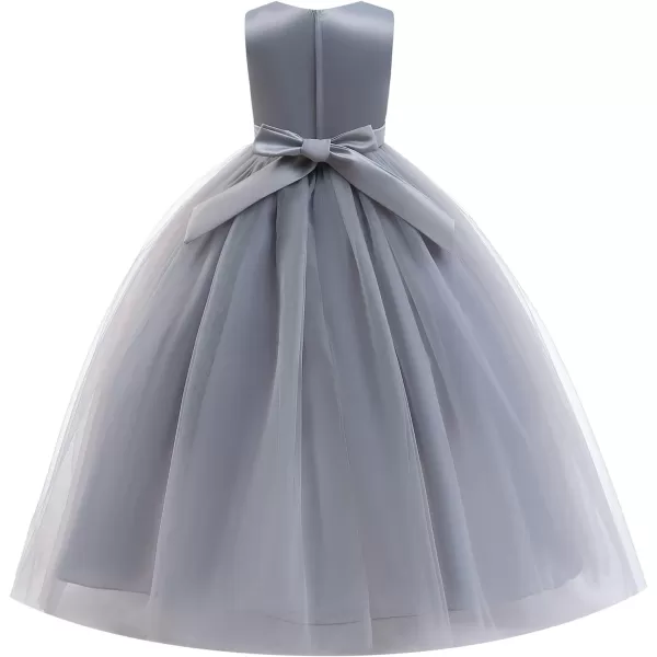 Flower Girl Lace Dress for Kids Wedding Bridesmaid Pageant Party Formal Gown Princess Communion Tulle VBack DressesGray
