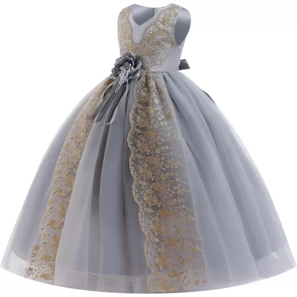 Flower Girl Lace Dress for Kids Wedding Bridesmaid Pageant Party Formal Gown Princess Communion Tulle VBack DressesGray