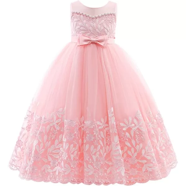 Flower Girl Lace Dress for Kids Wedding Bridesmaid Pageant Party Formal Gown Princess Communion Tulle VBack DressesPink  Vback