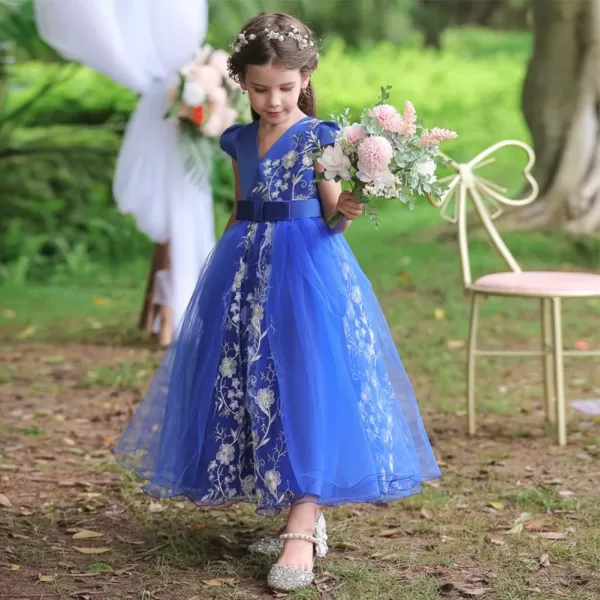 Flower Girl Lace Dress for Kids Wedding Bridesmaid Pageant Party Formal Gown Princess Communion Tulle VBack DressesRoyal Blue  Cap Sleeve