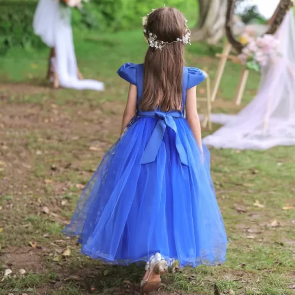 Flower Girl Lace Dress for Kids Wedding Bridesmaid Pageant Party Formal Gown Princess Communion Tulle VBack DressesRoyal Blue  Cap Sleeve